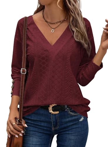 Chicrise Oberteile Damen Knöpfe Langarm Ösenstoff Pullover V-Ausschnitt Loose Bluse Herbst Elegant Weinrot Groß 42-44 L von Chicrise