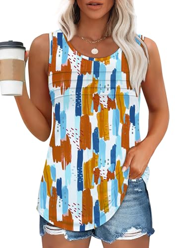 Chicrise Oberteile Damen Lang Plissierte Top Blumen Lässig Hemd Ärmellose Loose Sommer Mehrfarbig 2X Groß 50-54 von Chicrise