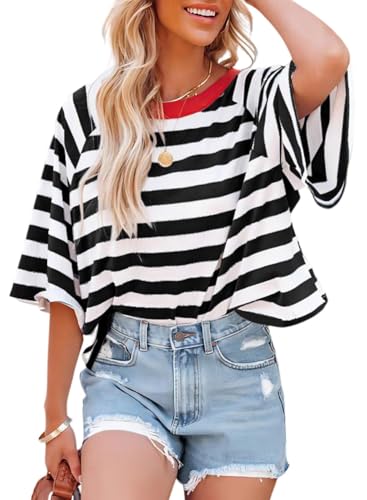 Chicrise Oberteile Damen Sommer Für Damen Casual Crop T-Shirts Trendy Gestreiftes Baggy Kurzarm Clothes Schwarz Weiß Mittel 38-40 von Chicrise