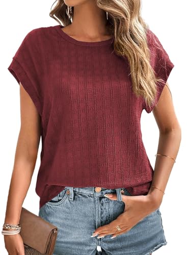 Chicrise Oberteile Damen Sommer Kurzarm Fledermausärmel Rundhals Mode T Shirt Basic Einfarbig Lockeres Lässige Outfit Rot 2X Groß 50-54 von Chicrise