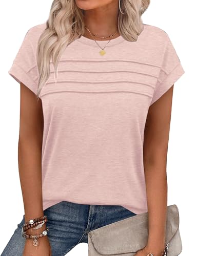 Chicrise Oberteile Damen Sommer Kurzarm Plissierte Rundhals Tshirt Fledermausärmel Elegant Locker Lässig Print Tunika Hellrosa Mittel 38-40 von Chicrise