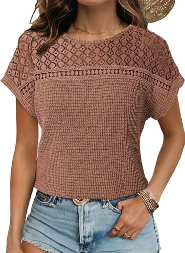 Chicrise Oberteile Damen Sommer Spitze T-Shirt Gehäkelte Mode Bluse Elegant Lockere Braun 2XL XXL 2XGroß 50-54 von Chicrise