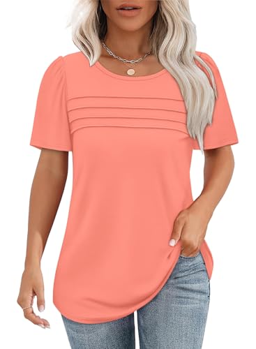 Chicrise T Shirt Damen Sommer Kurzarm Rundhalsausschnitt Falten Blusen Puffärmel Oversized Casual Kleidung Hellrot Mittel 38-40 von Chicrise