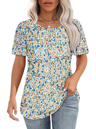 Chicrise Oversized Tshirt Damen Kurzarm Rundhals Plissee Bluse Puffärmel Ausgefallene Lässig Stylische Bequeme Outfits Rosa Blattmuster 2X Groß 50-54 von Chicrise