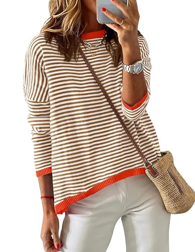 Chicrise Pullover Damen Crew Neck Long Sleeve Gestreifter Sweatshirt Gestrickt Farbblock Oberteile Braun-weiß Gestreift Groß 42-44 von Chicrise
