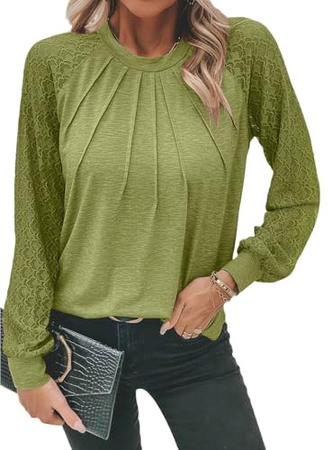 Chicrise Pullover Damen Langarmshirt Mit Spitzen Ärmel Herbst Tops Pleated Front Casual Einfarbig Tunic Shirt Tops Armeegrün Mittel 38-40 von Chicrise