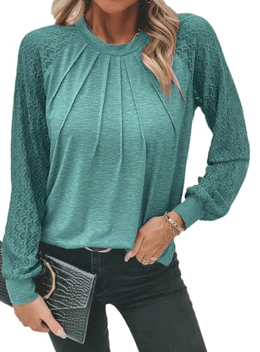 Chicrise Pullover Damen Langarmshirt Mit Spitzen Ärmel Herbst Tops Pleated Front Casual Einfarbig Tunic Shirt Tops Dunkelgrün Mittel 38-40 von Chicrise