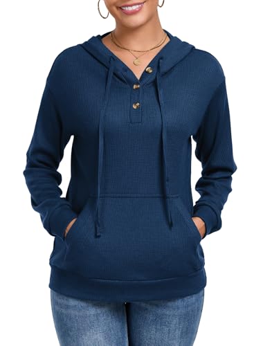 Chicrise Pullover Damen Mit Kapuze V-Ausschnitt Strickpullover Oversize Herbst Sweatshirt Casual Leichte Blau Klein 34-36 von Chicrise