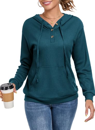 Chicrise Pullover Damen Mit Kapuze V-Ausschnitt Strickpullover Oversize Herbst Sweatshirt Casual Leichte Grün X Groß 46-48 von Chicrise