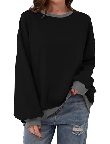 Chicrise Pullover Damen Oversized Locker Leichte Pullover Crew Neck Langarmshirt Casual Schwarz 2X-groß 50-54 von Chicrise