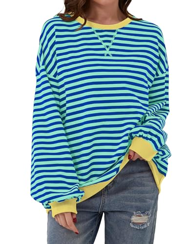 Chicrise Pullover Damen Oversized Locker Pullover Crew Neck Farbblock Gestreifter Langarmshirt Blau-Grün Gestreift X Groß 46-48 von Chicrise