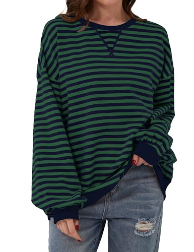 Chicrise Pullover Damen Oversized Locker Pullover Crew Neck Farbblock Gestreifter Langarmshirt Marinegrüne Gestreift X Groß 46-48 von Chicrise