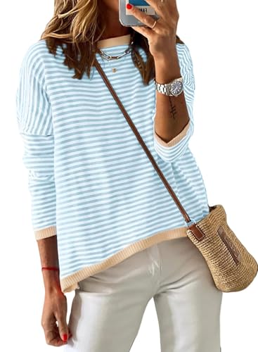 Chicrise Pullover Damen Rundhalausschnitt Langarm Gestreifter Sweatshirt Gestrickt Farbblock Oberteile Blau-weiß Gestreift Ap 2X Groß 50-54 von Chicrise
