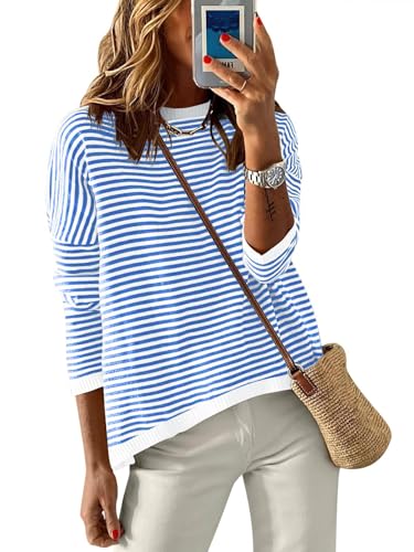 Chicrise Pullover Damen Rundhalausschnitt Langarm Gestreifter Sweatshirt Gestrickt Farbblock Oberteile Gestreift Ap 2X Groß 50-54 von Chicrise