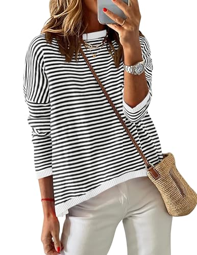 Chicrise Pullover Damen Rundhalausschnitt Langarm Gestreifter Sweatshirt Gestrickt Farbblock Oberteile Gestreift Ap 2X Groß 50-54 von Chicrise
