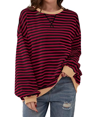 Chicrise Pullover Damen Rundhalausschnitt Langarm Gestreifter Sweatshirt Gestrickt Farbblock Oberteile Rot-schwarz Gestreift Groß 42-44 von Chicrise