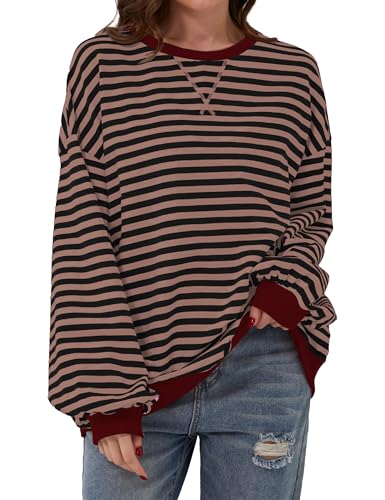 Chicrise Pullover Damen Rundhalausschnitt Langarm Gestreifter Sweatshirt Gestrickt Farbblock Oberteile Schwarz-Coffee Gestreift Groß 42-44 von Chicrise