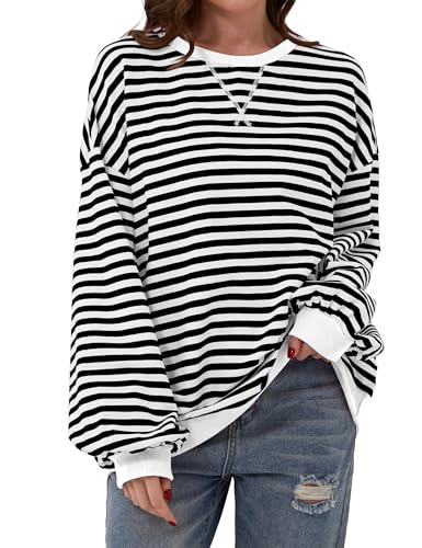 Chicrise Langarmshirt Damen Rundhals Shirt Langarm Frühling Gestreifter Sweater locker Schwarz-weiß Gestreift Groß 42-44 von Chicrise