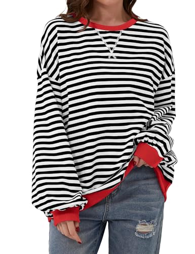 Chicrise Pullover Damen Rundhalausschnitt Langarm Gestreifter Sweatshirt Gestrickt Farbblock Oberteile Schwarz-Weiss Gestreift Groß 42-44 von Chicrise