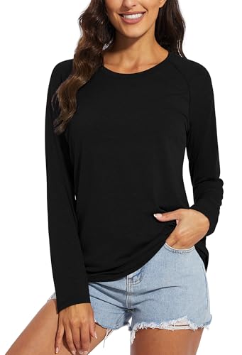 Chicrise Pullover Damen Rundhalsausschnitt T Shirt Langarm Raglan Farbblock Lässige Leicht Tunika Schwarz 2X Groß 50-54 von Chicrise