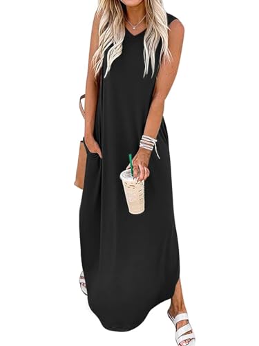 Chicrise Sommerkleid Damen Ärmellos a Linien Strandkleid mit Taschen Tank maxikleid elegant Schwarz Klein 34-36 von Chicrise