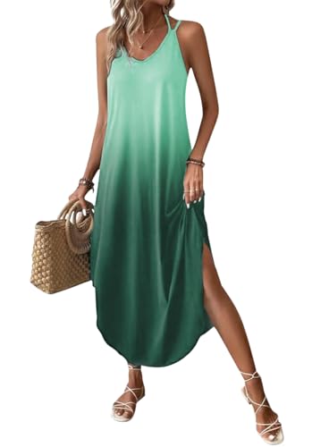 Chicrise Sommerkleid Damen Ärmellose V-Ausschnitt Maxikleid Lässig Lang Freizeitkleid Leicht und Luftig Elegant Grün 2X Groß 50-54 von Chicrise