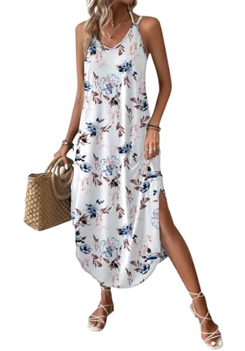 Chicrise Sommerkleid Damen Ärmellose V-Ausschnitt Maxikleid Lässig Lang Freizeitkleid Leicht und Luftig Elegant Weiß Klein 34-36 von Chicrise
