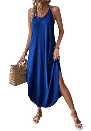 Chicrise Sommerkleid Damen Lang Ärmellose Maxi-Kleid V Ausschnitt Sommer Strandkleid Lockeres A Linien Blau X Groß 46-48 von Chicrise