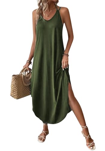 Chicrise Sommerkleid Damen Lang Ärmellose Maxi-Kleid V Ausschnitt Sommer Strandkleid Lockeres A Linien Grün Mittel 38-40 von Chicrise
