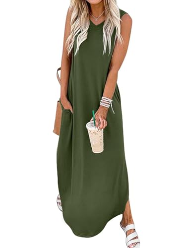 Chicrise Sommerkleid Damen Lang Maxi Strandkleid Ärmellos v Ausschnitt maxikleid mit Taschen Grün X Groß 46-48 von Chicrise