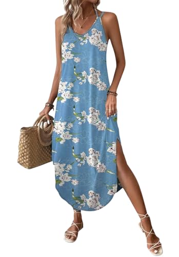 Chicrise Sommerkleid Damen Lang V Ausschnitt Maxikleid Armellose A Linien Spaghetti Trägerkleid Sommer mit Schlitz Blau X Groß 46-48 von Chicrise