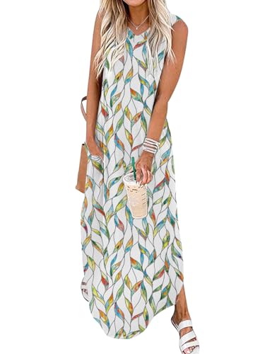 Chicrise Sommerkleid Damen Lang v Ausschnitt maxikleid Tank große größen Strandkleid elegant mit Taschen Mehrfarbig Mittel 38-40 von Chicrise