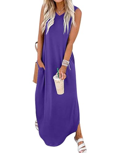 Chicrise Sommerkleid Damen Lang v Ausschnitt maxikleid Tank große größen Strandkleid elegant mit Taschen Violett 3X Groß 56-60 von Chicrise