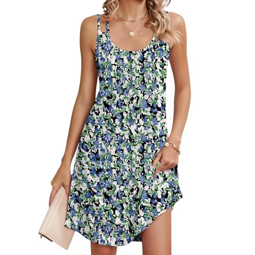 Chicrise Sommerkleid Damen Spaghettiträger Rundhals A Linie Strandkleid Luftig Ärmellos Locker Casual Knielang Midikleid Blau Weiß Blumenmuster Klein 34-36 von Chicrise