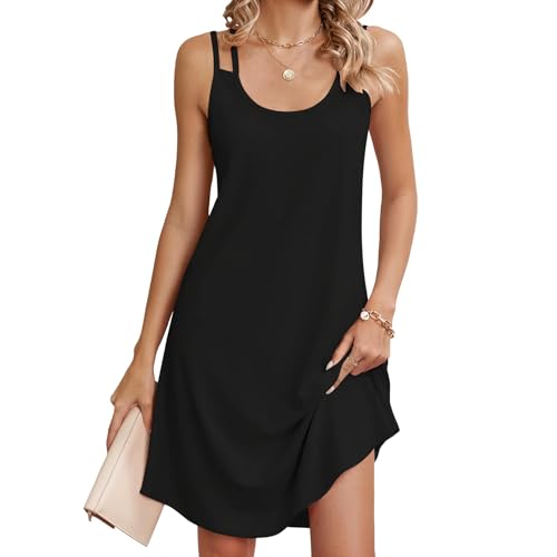 Chicrise Sommerkleid Damen Spaghettiträger Rundhals A Linie Strandkleid Luftig Ärmellos Locker Casual Knielang Midikleid Schwarz Klein 34-36 von Chicrise