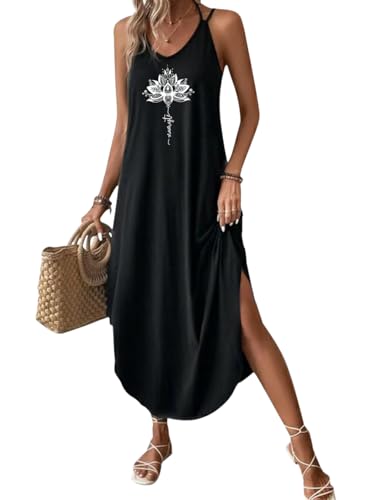 Chicrise Sommerkleid Damen V Ausschnitt Lang Maxikleid Blumen Sommer Strandkleid Elegant Schwarz X Groß 46-48 von Chicrise