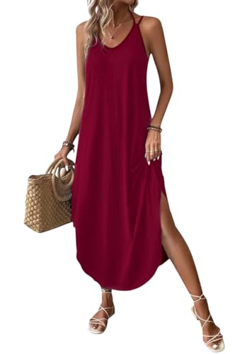 Chicrise Sommerkleid Damen V Ausschnitt Lang Maxikleid Blumen Sommer Strandkleid Oversize Elegant Rot Groß 42-44 von Chicrise