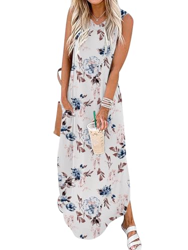 Chicrise Sommerkleid Damen elegant Ärmellos Strandkleid a Linien Tank Freizeitkleid mit Taschen Weiß Klein 34-36 von Chicrise