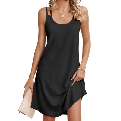 Chicrise Sommerkleider Damen Leicht Und Luftig Lochstickerei Mode Midi Strandkleid Knielang Loose Casual Einfarbig Swing Kleid Lochstickerei Schwarz Groß 42-44 von Chicrise