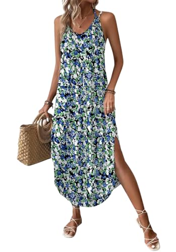 Chicrise Sommerkleider Damen Leicht und Luftig Maxikleid Ärmellose V-Ausschnitt Spaghetti-Träger Kleid Lässig Blau X Groß 46-48 von Chicrise