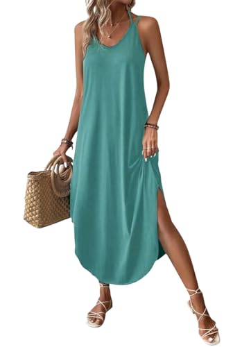 Chicrise Sommerkleider Damen Leicht und Luftig Maxikleid Ärmellose V-Ausschnitt Spaghetti-Träger Kleid Lässig Türkis 2X Groß 50-54 von Chicrise