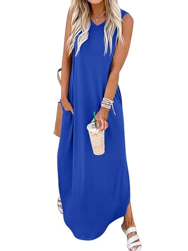 Chicrise Sommerkleider Damen leicht und luftig Strandkleid Ärmellos a Linien maxikleid Tank mit Schlitz Blau 3X Groß 56-60 von Chicrise