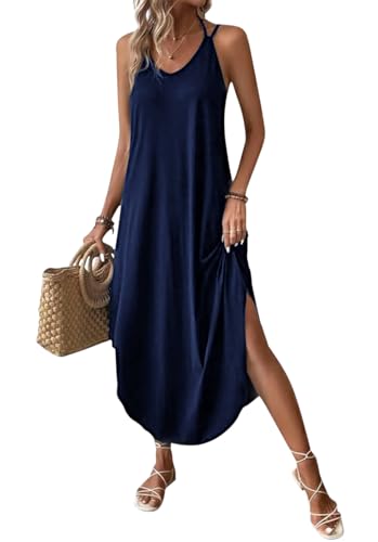 Chicrise Spaghettiträger Kleid Damen V Ausschnitt Armellose Maxikleid Sommer Lang Sommerkleid Casual Blau Mittel 38-40 von Chicrise