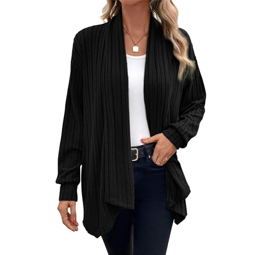 Chicrise Strickjacke Damen Lang Herbst Cardigan Leichte Gestreifte Strickmantel Frühling Elegant Schwarz 2X-Groß 50-54 2XL von Chicrise
