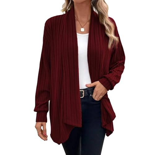 Chicrise Strickjacke Damen Lang Herbst Cardigan Leichte Gestreifte Strickmantel Frühling Elegant Weinrot Groß 42-44 L von Chicrise