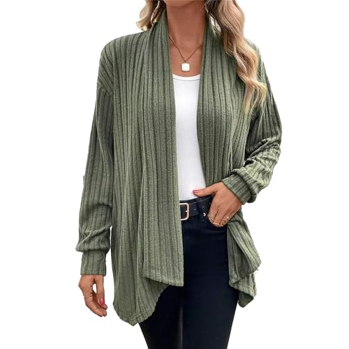 Chicrise Strickjacken Für Damen Grün Elegant Strickmantel Lang Frühling Grobstrick Cardigan Herbst Sassyclassy Armeegrün X-Groß 46-48 XL von Chicrise