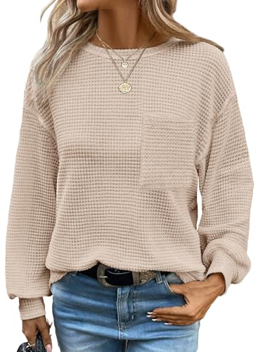 Chicrise Strickpullover Damen Langarm Rundhals Oberteile mit Tasche Leichte Herbst Bluse Casual Elfenbein X Groß 46-48 von Chicrise