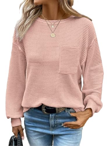 Chicrise Strickpullover Damen Langarm Rundhals Oberteile mit Tasche Leichte Herbst Bluse Casual Rosa 2X Groß 50-54 von Chicrise