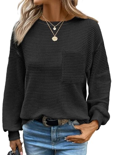 Chicrise Strickpullover Damen Langarm Rundhals Oberteile mit Tasche Leichte Herbst Bluse Casual Schwarz Groß 42-44 von Chicrise
