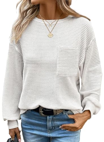 Chicrise Strickpullover Damen Langarm Rundhals Oberteile mit Tasche Leichte Herbst Bluse Casual Weiß Groß 42-44 von Chicrise